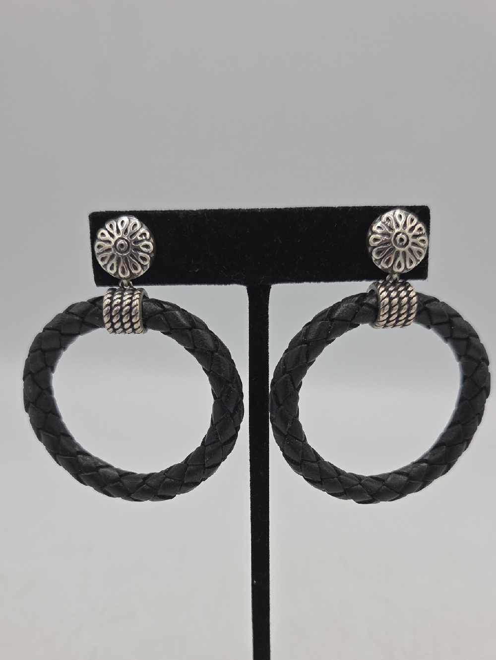 Carolyn Pollack Braided Leather Hoops W/Sterling Silver Posts